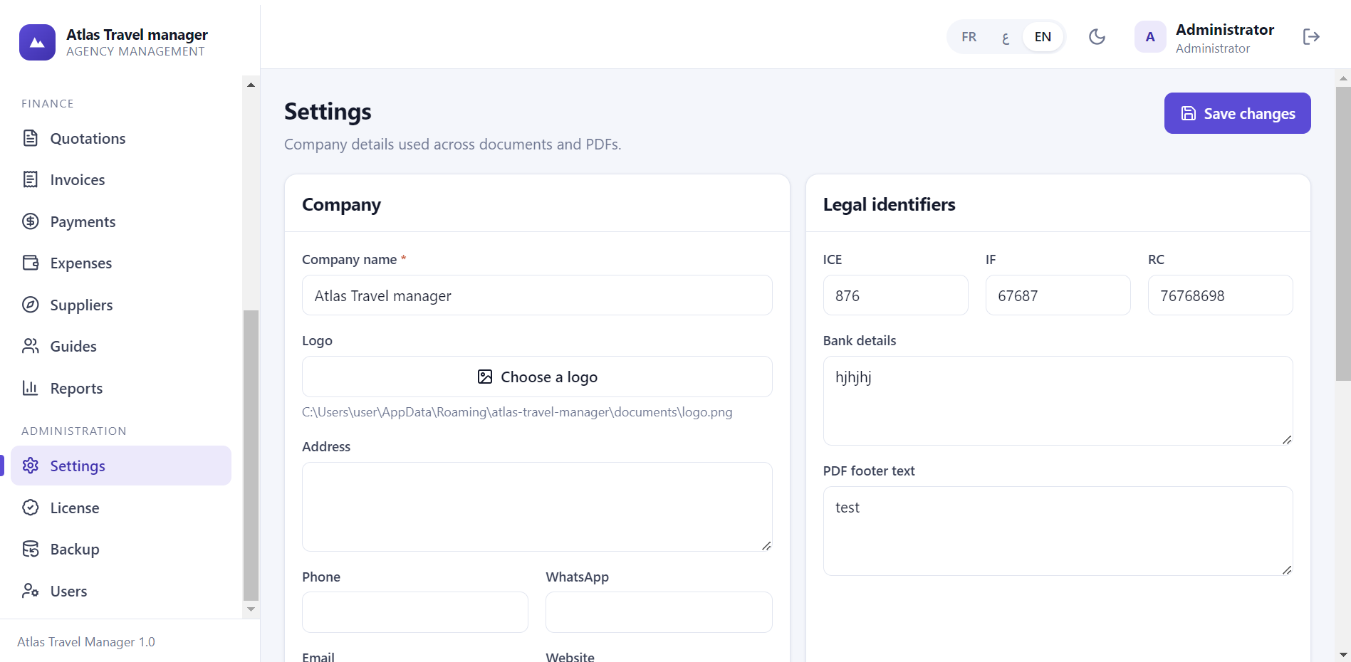 Atlas Travel Manager Settings