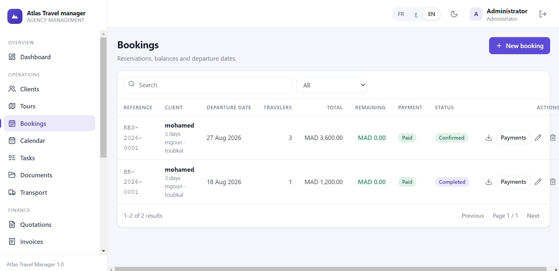 Atlas Travel Manager Bookings